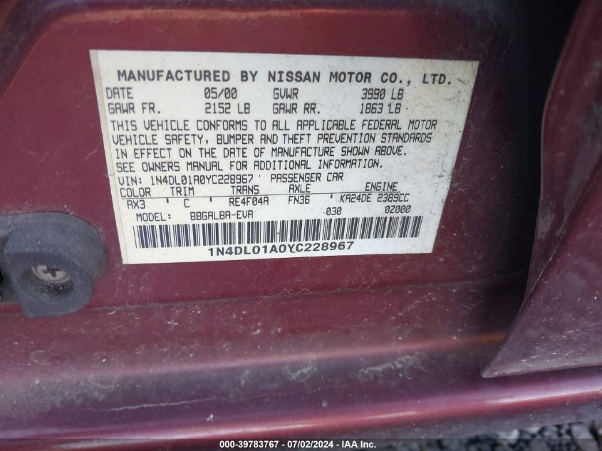 2000 Nissan Altima Gle/Gxe/Se VIN: 1N4DL01A0YC228967 Lot: 39783767