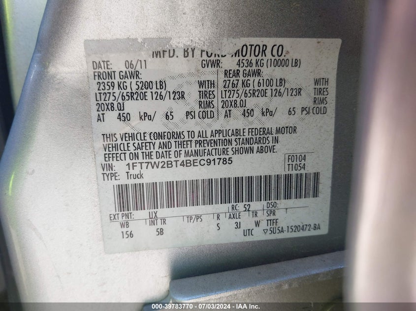 2011 Ford F250 Super Duty VIN: 1FT7W2BT4BEC91785 Lot: 39783770