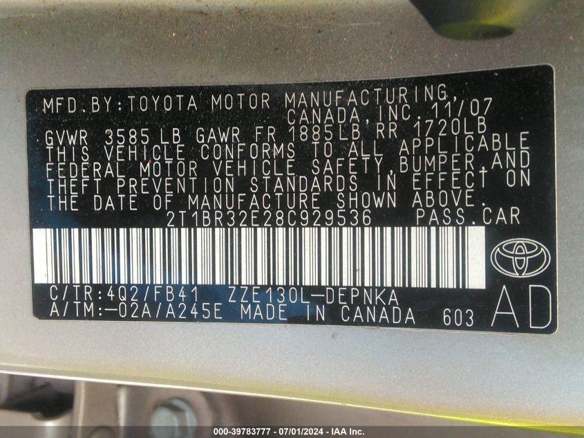 2008 Toyota Corolla Le VIN: 2T1BR32E28C929536 Lot: 39783777