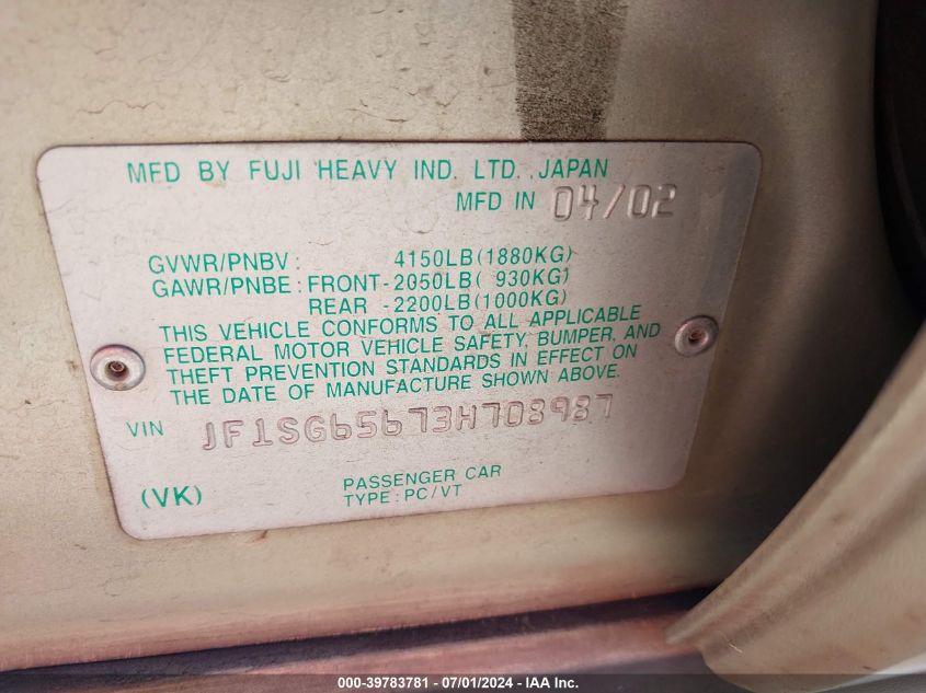 2003 Subaru Forester Xs VIN: JF1SG65673H708987 Lot: 39783781