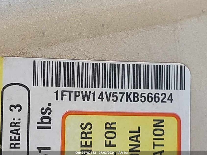 2007 Ford F-150 Supercrew VIN: 1FTPW14V57KB56624 Lot: 39783782