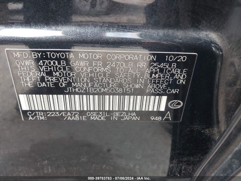 2021 Lexus Is 350 F Sport VIN: JTHGZ1B20M5038151 Lot: 39783783