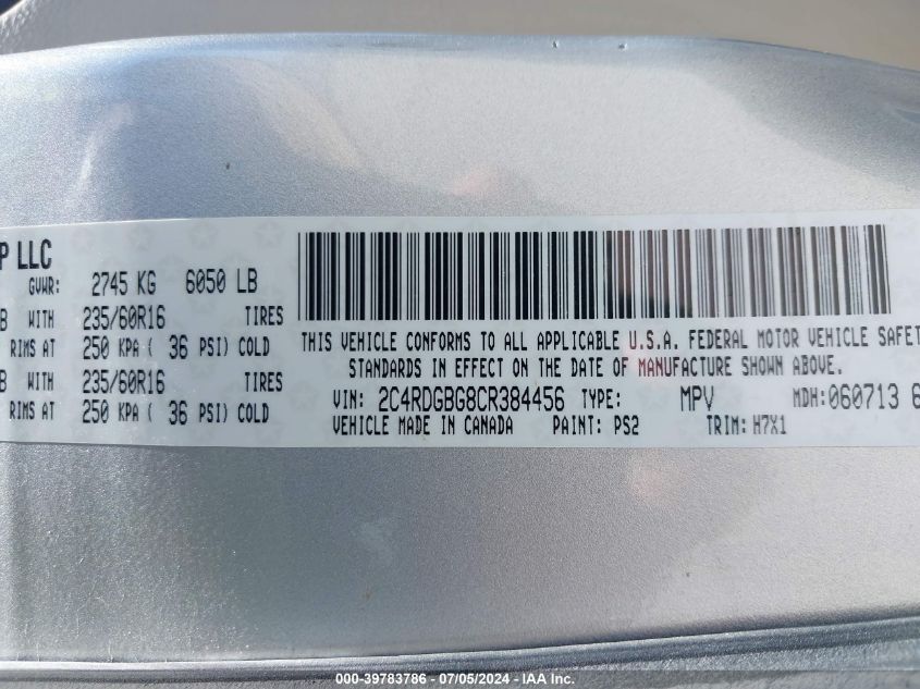 2012 Dodge Grand Caravan Se/Avp VIN: 2C4RDGBG8CR384456 Lot: 39783786