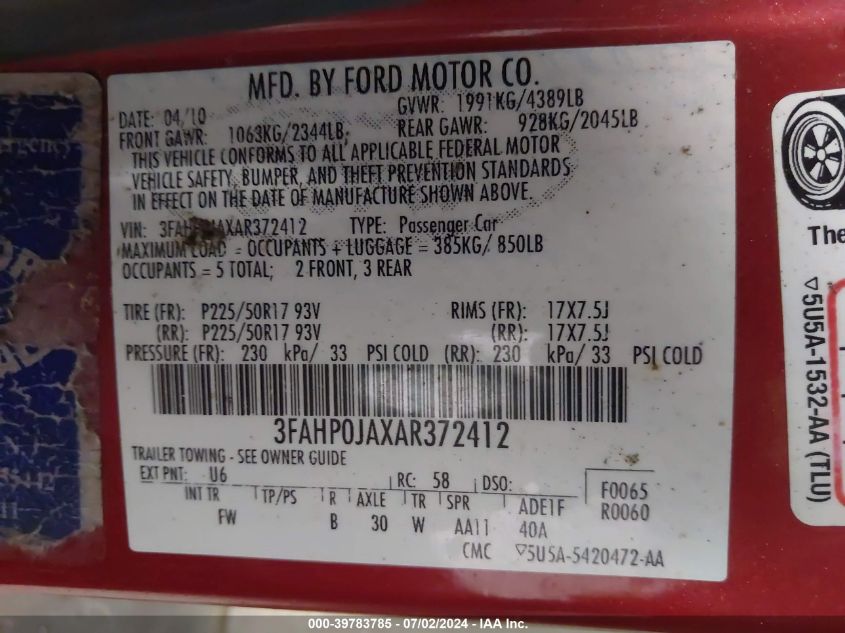 2010 Ford Fusion Sel VIN: 3FAHP0JAXAR372412 Lot: 39783785