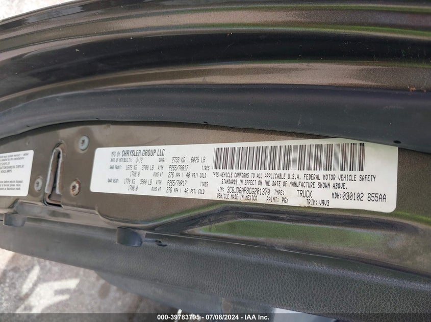 2012 Ram 1500 St VIN: 3C6JD6AP8CG201370 Lot: 39783795