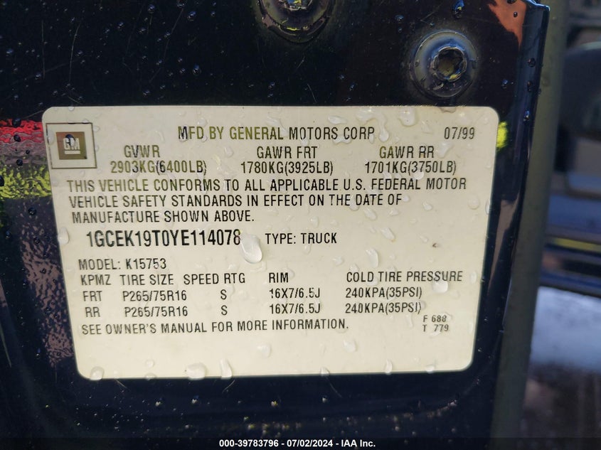2000 Chevrolet Silverado 1500 Ls VIN: 1GCEK19T0YE114078 Lot: 39783796
