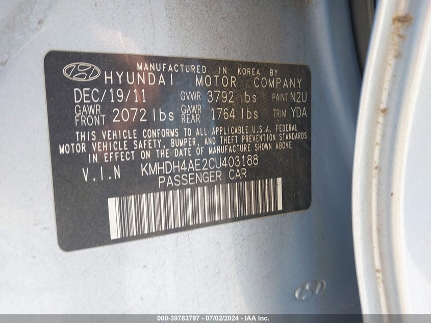 2012 Hyundai Elantra Gls (Ulsan Plant) VIN: KMHDH4AE2CU403188 Lot: 39783797