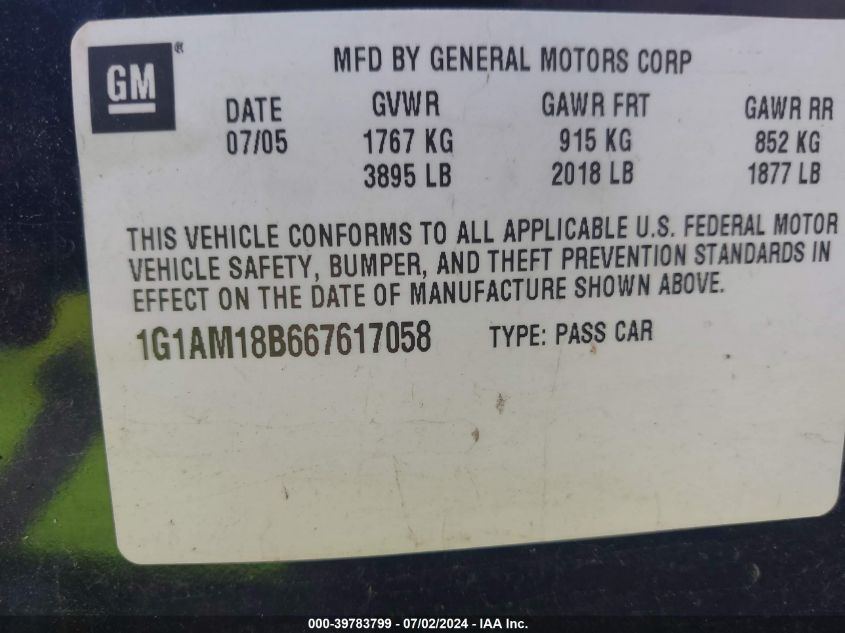 2006 Chevrolet Cobalt Ss VIN: 1G1AM18B667617058 Lot: 39783799