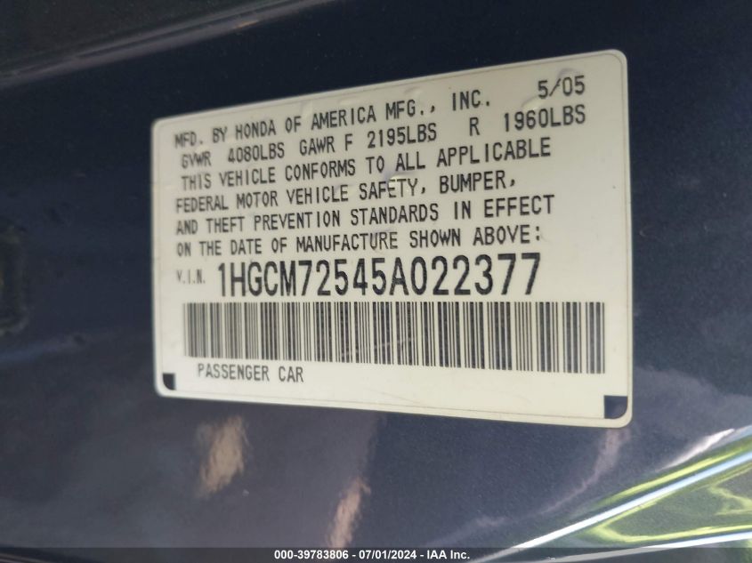 2005 Honda Accord Cpe Lx Se VIN: 1HGCM72545A022377 Lot: 39783806