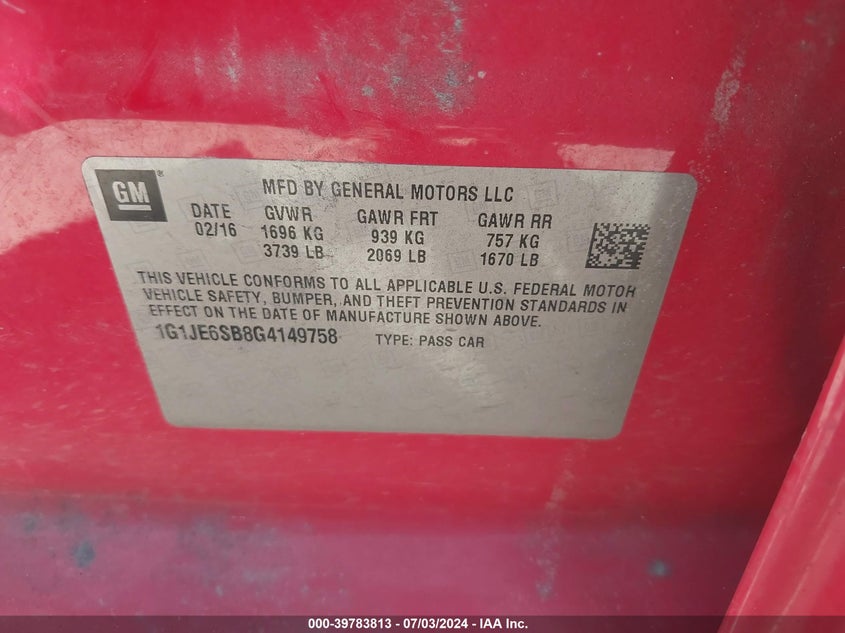 2016 Chevrolet Sonic Ltz Auto VIN: 1G1JE6SB8G4149758 Lot: 39783813