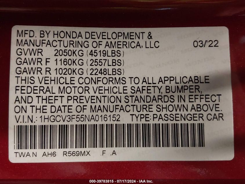 1HGCV3F55NA016152 2022 Honda Accord Hybrid Ex-L