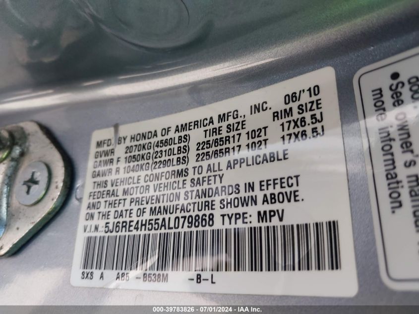 2010 Honda Cr-V Ex VIN: 5J6RE4H55AL079868 Lot: 39783826