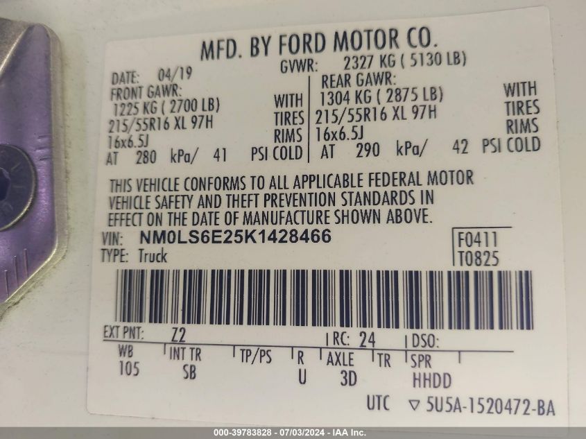 NMOLS6E25K1428466 2019 Ford E-Transit Cargo Van Xl