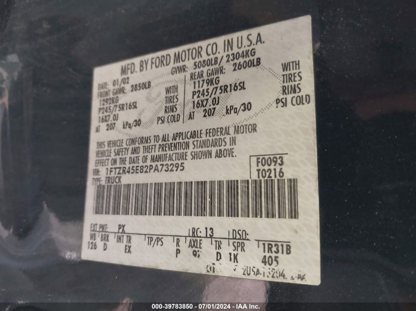 2002 Ford Ranger Edge/Edge Plus/Xlt/Xlt Fx4/Xlt Off-Rd VIN: 1FTZR45E82PA73295 Lot: 39783850