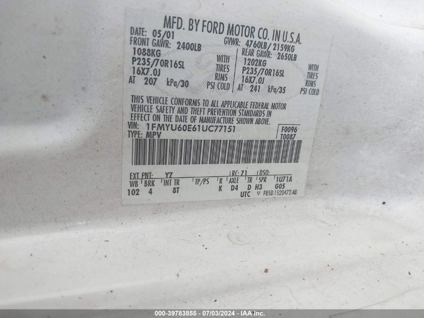 2001 Ford Explorer Sport VIN: 1FMYU60E61UC77151 Lot: 39783855