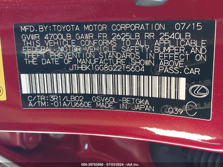 2016 Lexus Es 350 VIN: JTHBK1GG8G2215604 Lot: 39783860