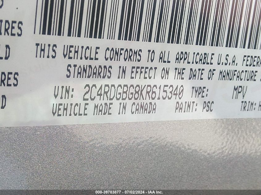 2019 Dodge Grand Caravan Se VIN: 2C4RDGBG8KR615340 Lot: 39783877