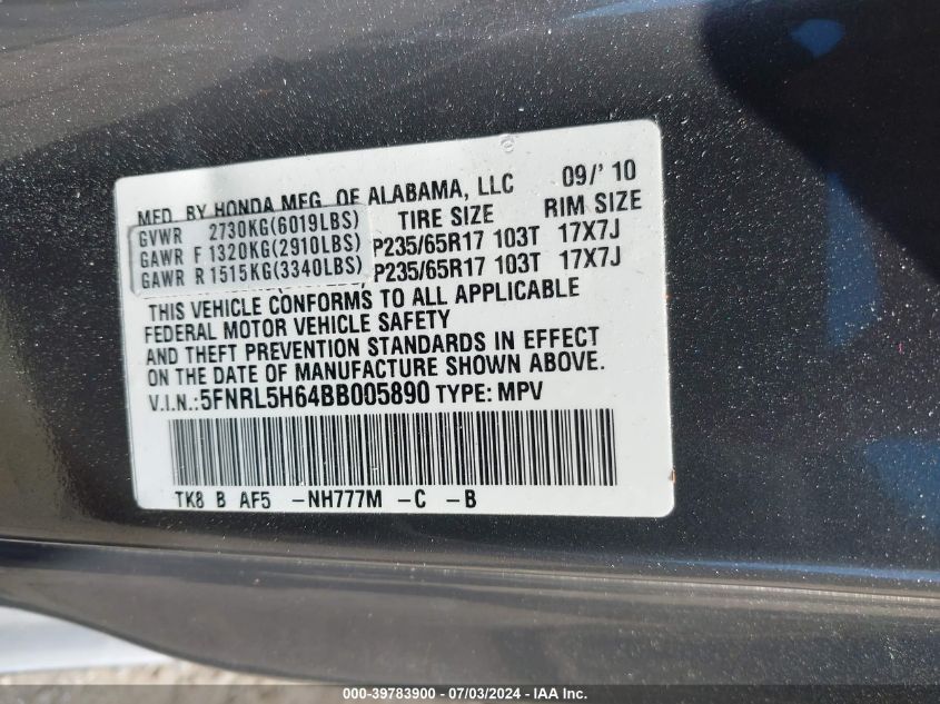 2011 Honda Odyssey Ex-L VIN: 5FNRL5H64BB005890 Lot: 39783900