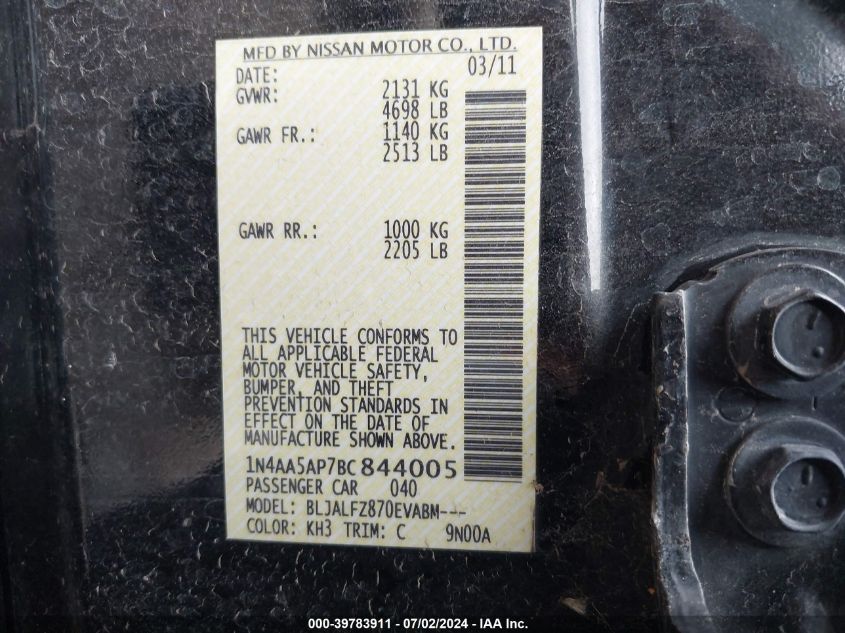 2011 Nissan Maxima S/Sv VIN: 1N4AA5AP7BC844005 Lot: 39783911