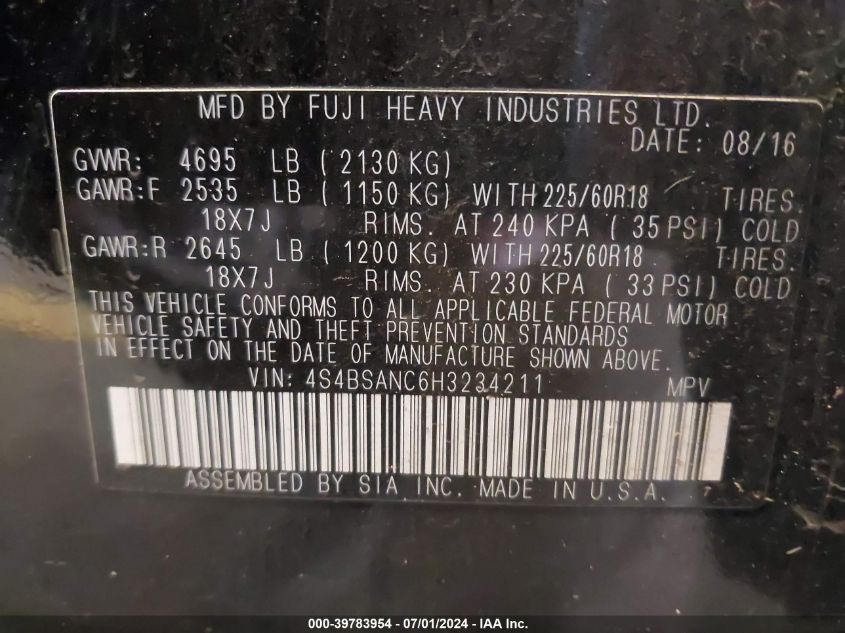 2017 Subaru Outback 2.5I Limited VIN: 4S4BSANC6H3234211 Lot: 39783954