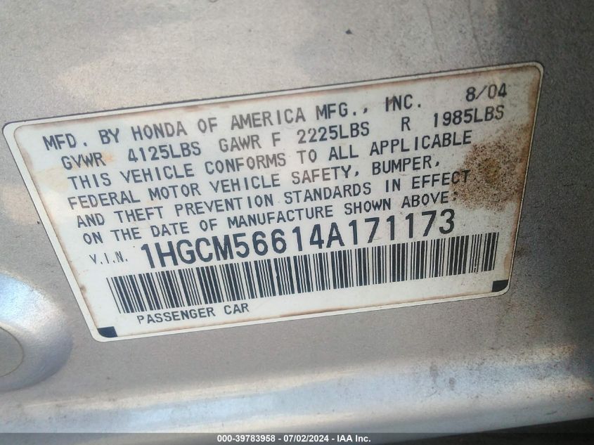 2004 Honda Accord 2.4 Ex VIN: 1HGCM56614A171173 Lot: 39783958