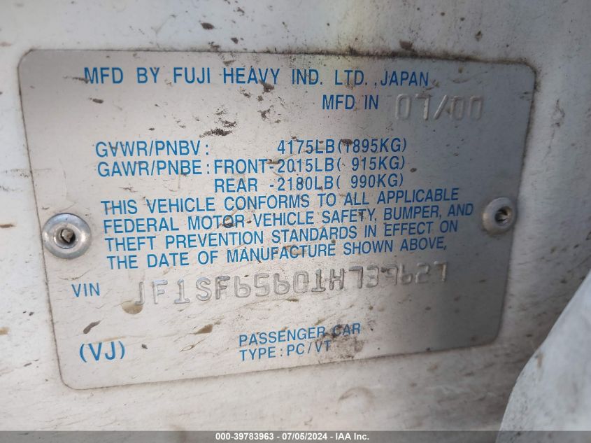 2001 Subaru Forester S VIN: JF1SF65601H739627 Lot: 39783963