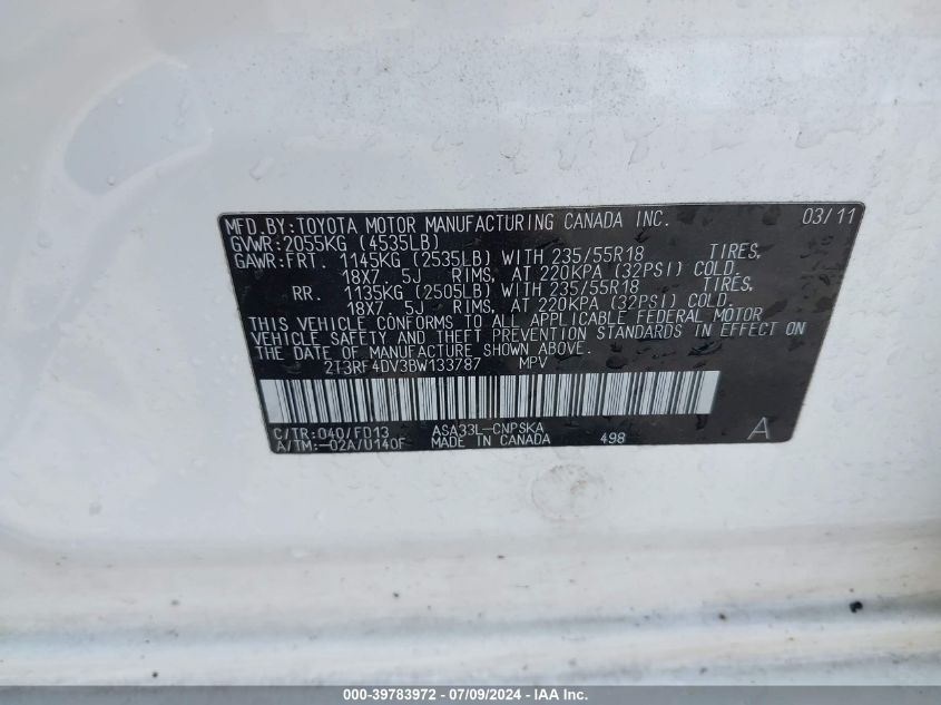 2011 Toyota Rav4 Sport VIN: 2T3RF4DV3BW133787 Lot: 39783972