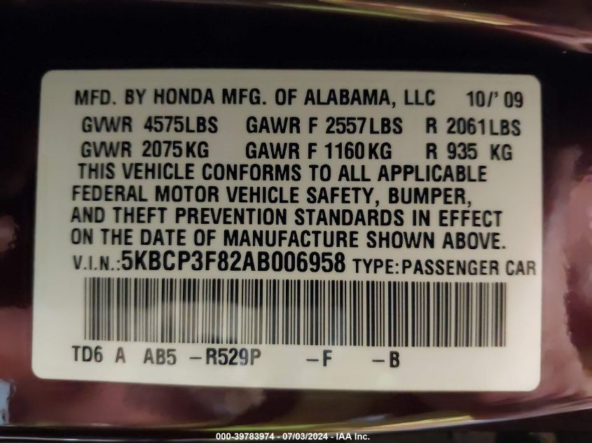 2010 Honda Accord 3.5 Ex-L VIN: 5KBCP3F82AB006958 Lot: 39783974