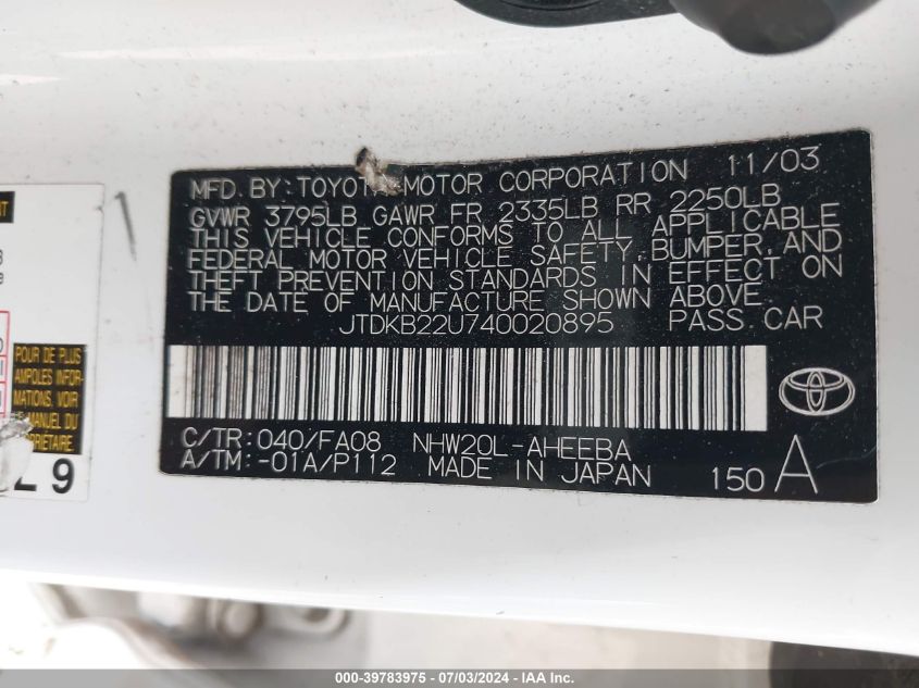 2004 Toyota Prius VIN: JTDKB22U740020895 Lot: 39783975