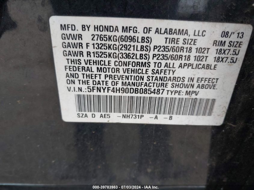 2013 Honda Pilot Touring VIN: 5FNYF4H90DB085487 Lot: 39783983