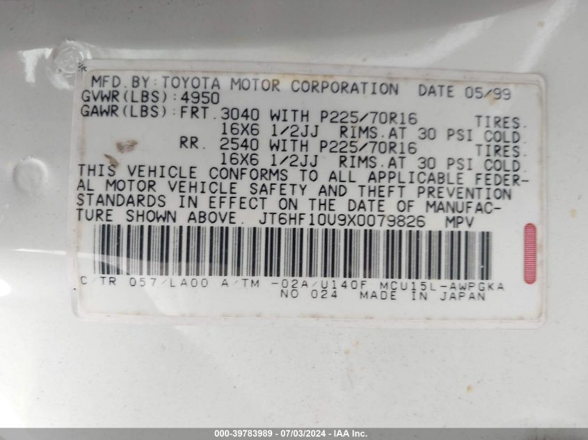 1999 Lexus Rx 300 VIN: JT6HF10U9X0079826 Lot: 39783989