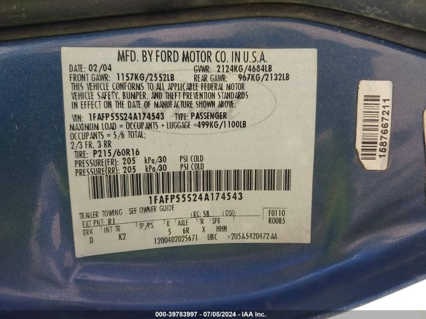 2004 Ford Taurus Se VIN: 1FAFP53U74A160593 Lot: 39783997