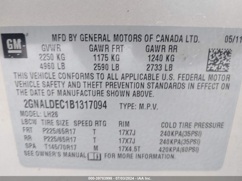 2011 Chevrolet Equinox Lt VIN: 2GNALDEC1B1317094 Lot: 39783998