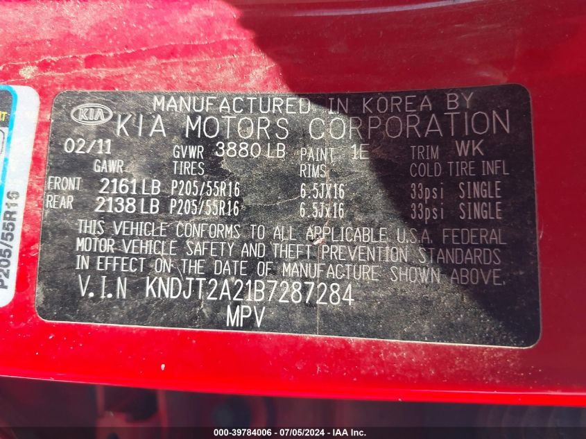 2011 Kia Soul + VIN: KNDJT2A21B7287284 Lot: 39784006