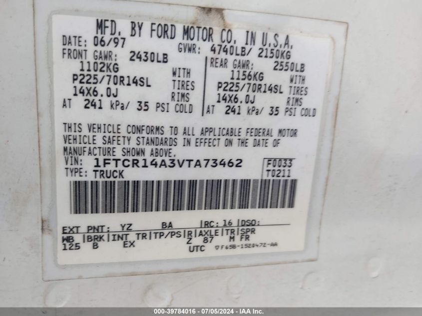 1997 Ford Ranger Xl/Xlt VIN: 1FTCR14A3VTA73462 Lot: 39784016