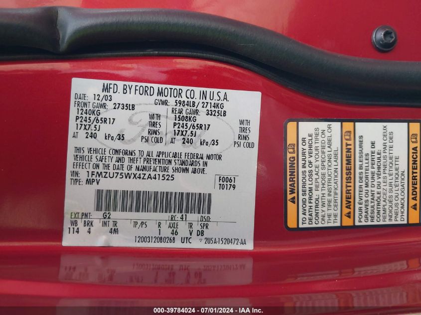 2004 Ford Explorer Limited VIN: 1FMZU75WX4ZA41525 Lot: 39784024