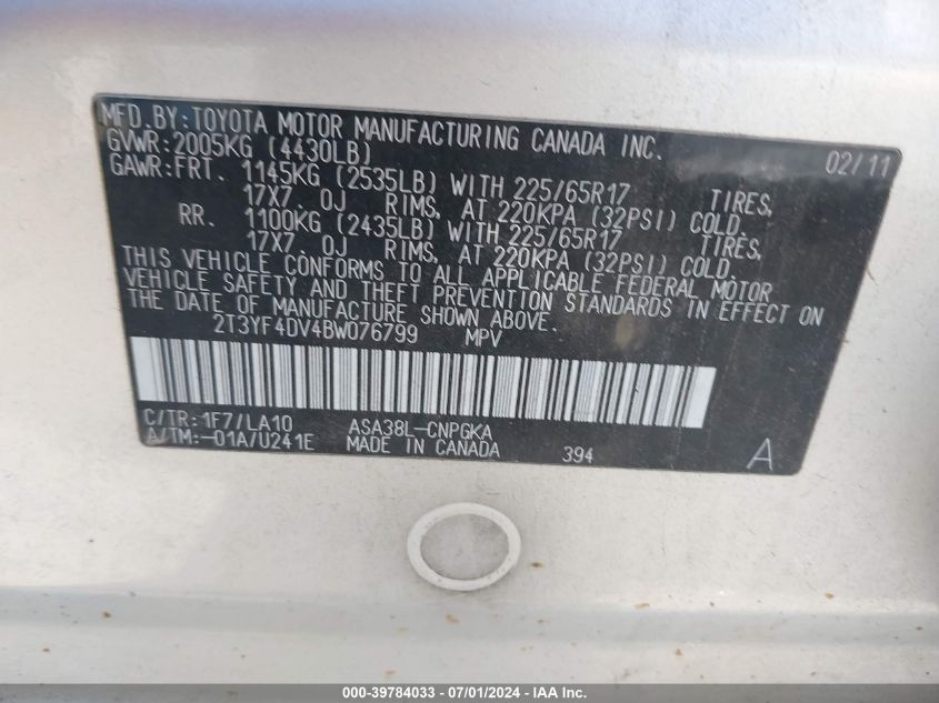 2011 Toyota Rav4 Limited VIN: 2T3YF4DV4BW076799 Lot: 39784033