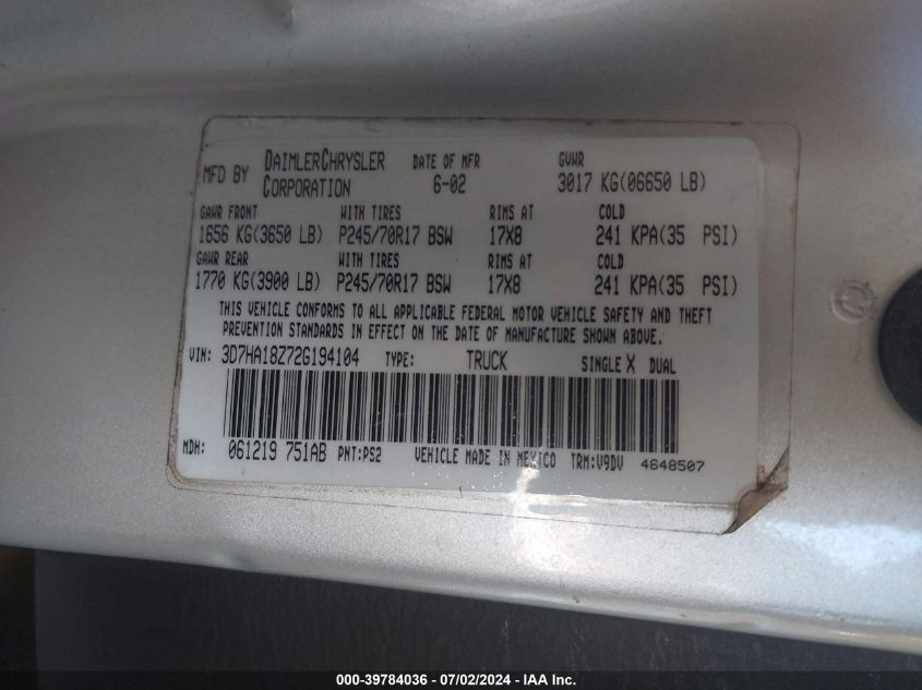 2002 Dodge Ram 1500 St VIN: 3D7HA18Z72G194104 Lot: 39784036