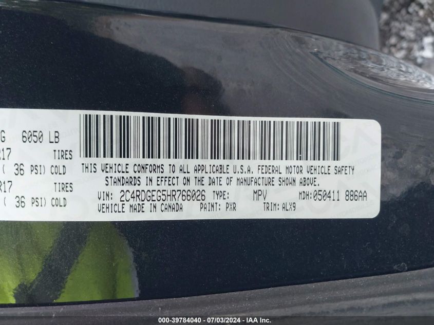 2017 Dodge Grand Caravan Gt VIN: 2C4RDGEG5HR766026 Lot: 39784040