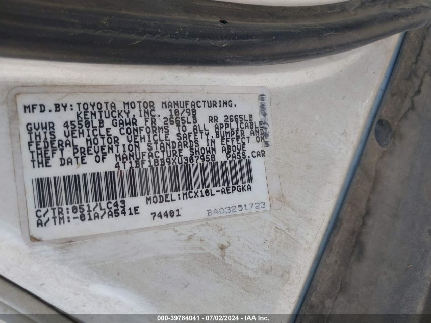 1999 Toyota Avalon Xls VIN: 4T1BF18B9XU307958 Lot: 39784041