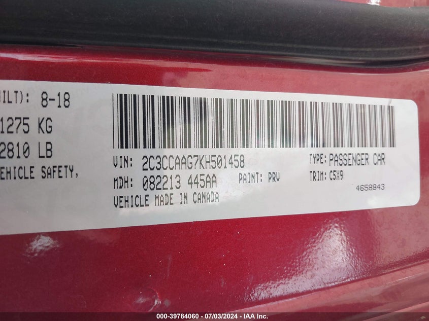 VIN 2C3CCAAG7KH501458 2019 CHRYSLER 300 TOURING