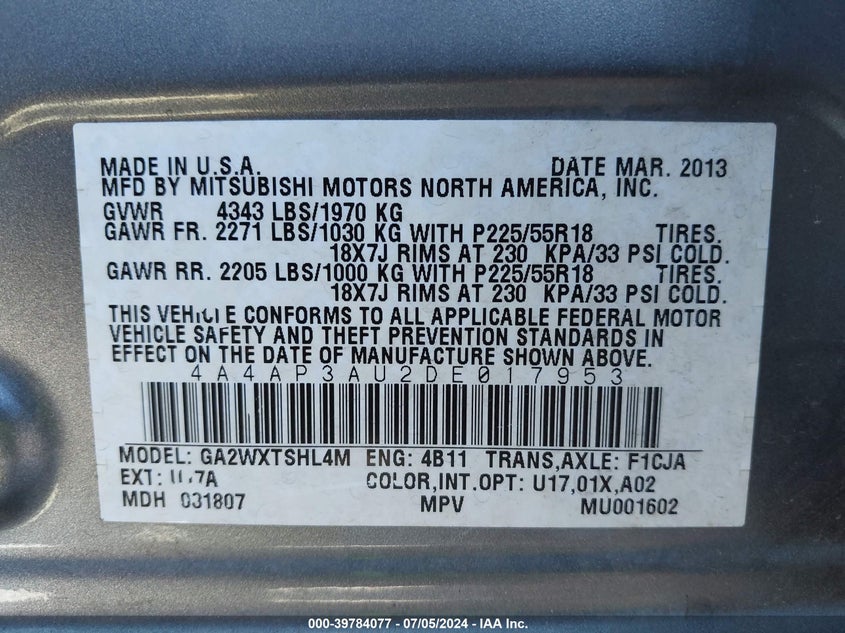 2013 Mitsubishi Outlander Sport Es VIN: 4A4AP3AU2DE017953 Lot: 39784077