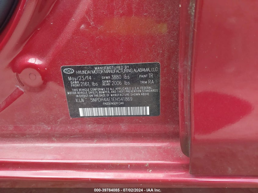 2014 Hyundai Elantra Se VIN: 5NPDH4AE1EH541869 Lot: 39784085
