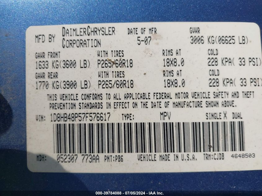 2007 Dodge Durango Slt VIN: 1D8HB48P57F576617 Lot: 39784088