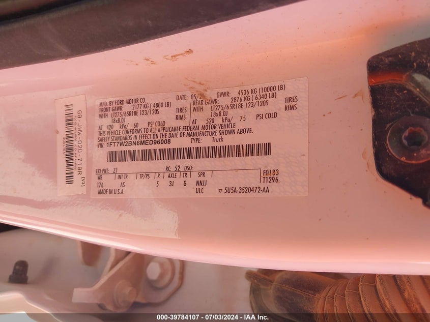 2021 Ford F-250 Xl VIN: 1FT7W2BN6MED96008 Lot: 39784107