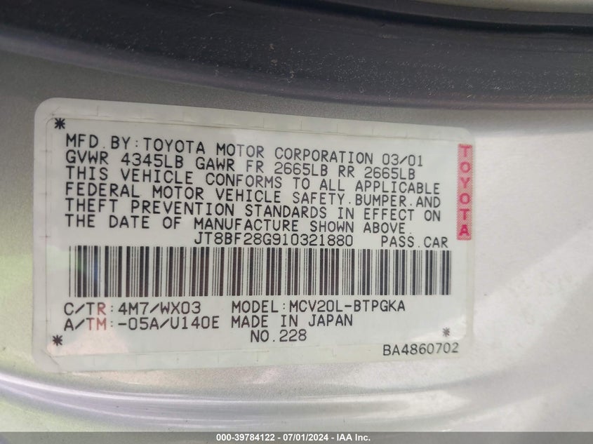 2001 Lexus Es 300 VIN: JT8BF28G910321880 Lot: 39784122