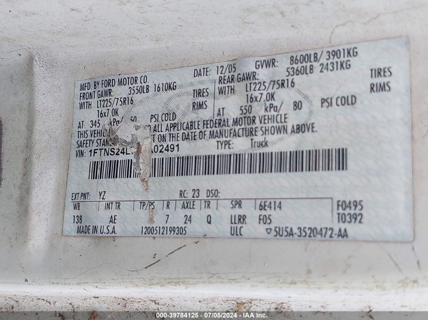 2006 Ford E-250 Commercial/Recreational VIN: 1FTNS24L76DA02491 Lot: 39784125