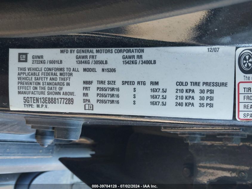 2008 Hummer H3 Suv VIN: 5GTEN13E888177289 Lot: 39784128