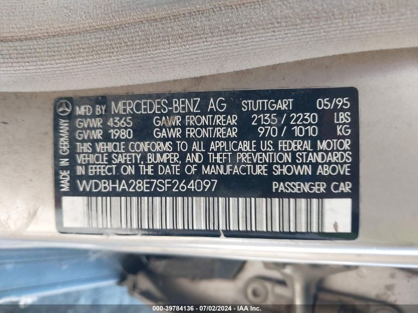 1995 Mercedes-Benz C 280 VIN: WDBHA28E7SF264097 Lot: 39784136