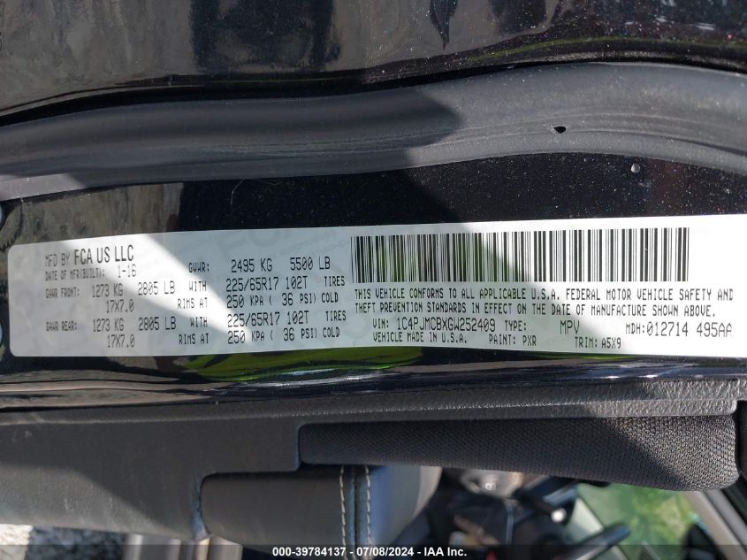 2016 Jeep Cherokee Latitude VIN: 1C4PJMCBXGW252409 Lot: 39784137